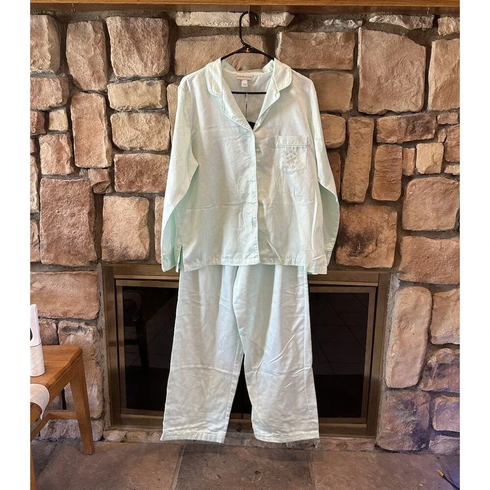 VTG Miss Elaine Satin Pajamas Long Sleeve Set Pants Top L Mint Pastel Green 2Pc